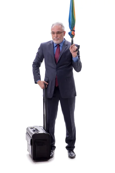 Geschäftsmann Mit Regenschirm Und Gepäck Isoliert Auf Weiß — Stockfoto