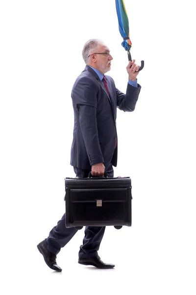 白で隔離された傘と荷物を持つビジネスマン — ストック写真