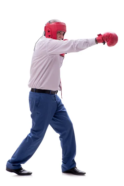 Old Male Boss Boxing Isolated White — Stock Photo, Image