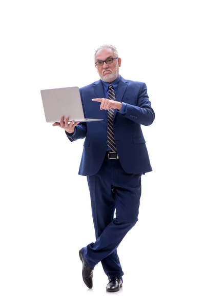 Starý Podnikatel Držící Notebook Izolovaný Bílém — Stock fotografie
