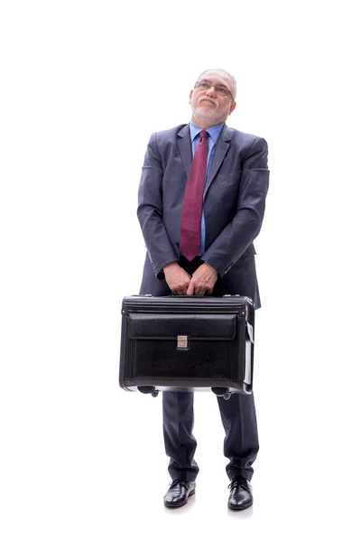白で孤立したスーツケースを持つ熟練したビジネスマン ストック写真