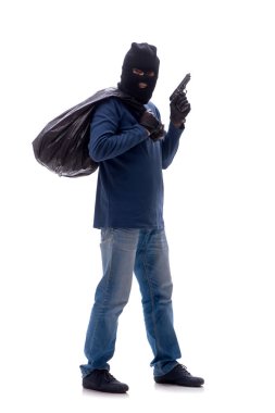 Genç bir hırsız beyazlara izole edilmiş para çalıyor.