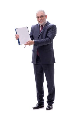 Yaşlı bir erkek işçi beyazda izole edilmiş.