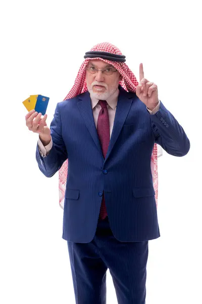 Aged Arab Businessman Holding Credit Cards Isolated White — Stock Photo, Image