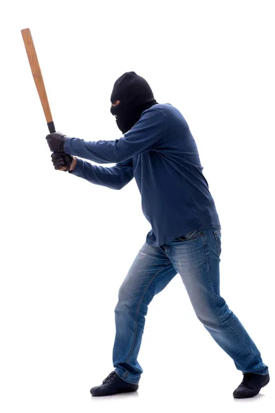 Burglar Holding Baseball Bat Isolated White — Stock Photo, Image