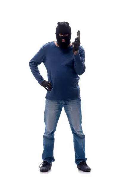 Junger Einbrecher Hält Handfeuerwaffe Isoliert Auf Weißem Grund — Stockfoto