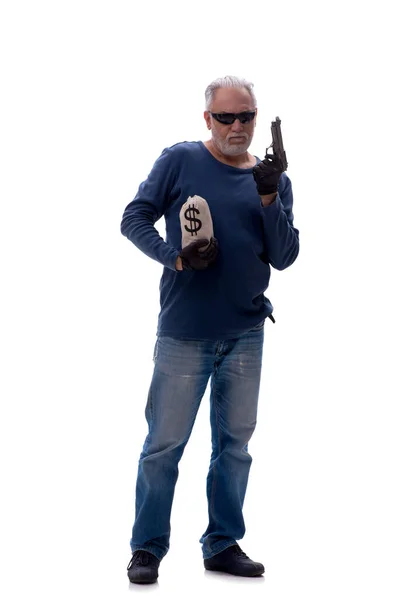 Viejo Ladrón Sosteniendo Moneybag Aislado Blanco — Foto de Stock