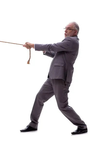 Old Male Employee Rope Isolated White — Stock Photo, Image