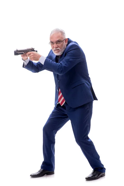 Poliziotto Anziano Con Pistola Isolata Bianco — Foto Stock