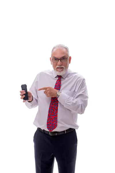 Eski Patron Telefonda Konuşuyor Beyazdan Izole Edilmiş — Stok fotoğraf