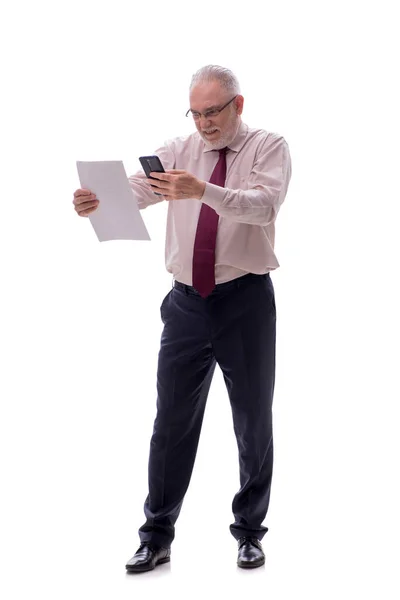 Homem Negócios Envelhecido Falando Por Telefone Isolado Branco — Fotografia de Stock