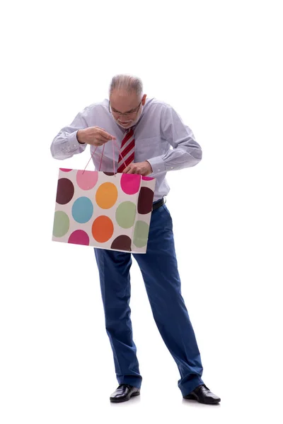 Oude Mannelijke Baas Holding Bag Geïsoleerd Wit — Stockfoto
