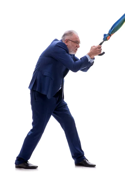 Gamle Chefen Håller Ett Paraply Isolerat Vitt — Stockfoto