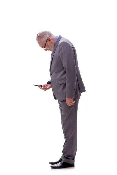 Velho Chefe Masculino Falando Por Telefone Isolado Branco — Fotografia de Stock