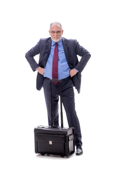 Betagter Geschäftsmann Mit Koffer Isoliert Auf Weißem Grund — Stockfoto