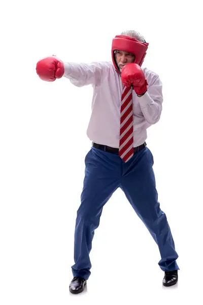 Old Male Boss Boxing Isolated White — Stock Photo, Image