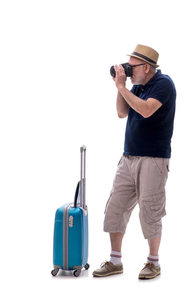 ホワイトで孤立した旅行コンセプトの古いビジネスマン — ストック写真