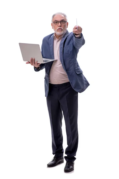 Starý Muž Počítačem Izolovaným Bílém — Stock fotografie