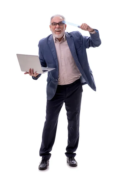 Oude Man Met Computer Geïsoleerd Wit — Stockfoto