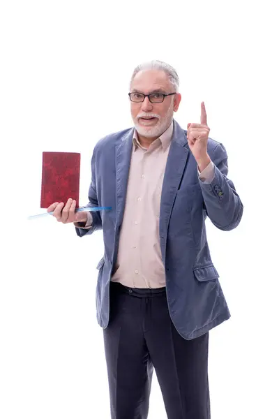 Starý Učitel Drží Knihu Izolované Bílém — Stock fotografie