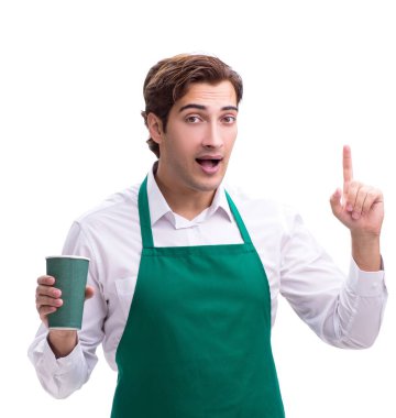 Genç barista beyaz arka planda izole edildi.