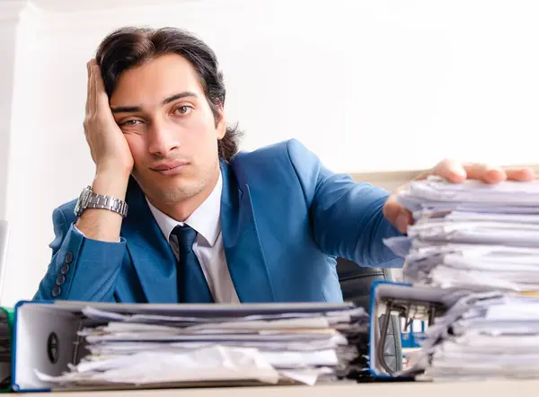 Young Handsome Busy Employee Sitting Office — Stock Photo, Image
