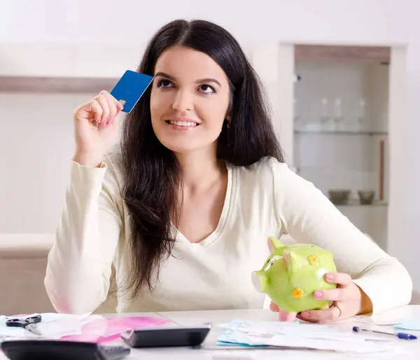 Young Woman Receipts Budget Planning Concept — Stock Photo, Image