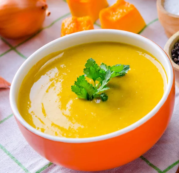 Pumpkin Soup Served Table Bowl — Stock Photo, Image