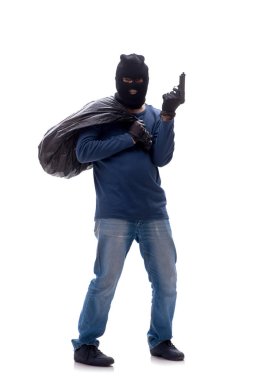 Genç bir hırsız beyazlara izole edilmiş para çalıyor.