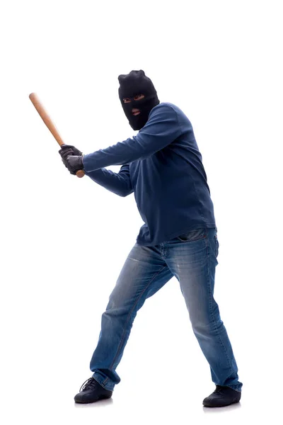 Burglar Holding Baseball Bat Isolated White — Stock Photo, Image