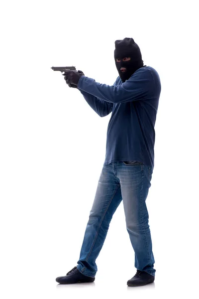 Jovem Assaltante Segurando Arma Isolada Branco — Fotografia de Stock
