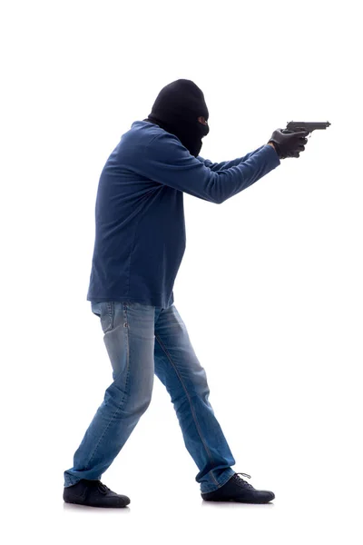 Молодий Грабіжник Тримає Пістолет Ізольовано Білому — стокове фото
