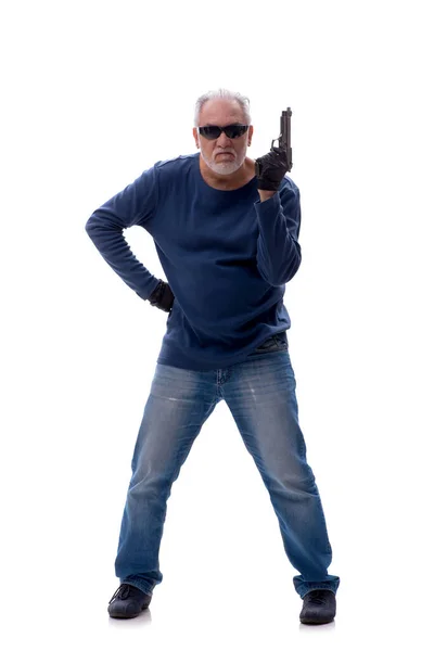 Velho Assaltante Segurando Arma Isolada Branco — Fotografia de Stock