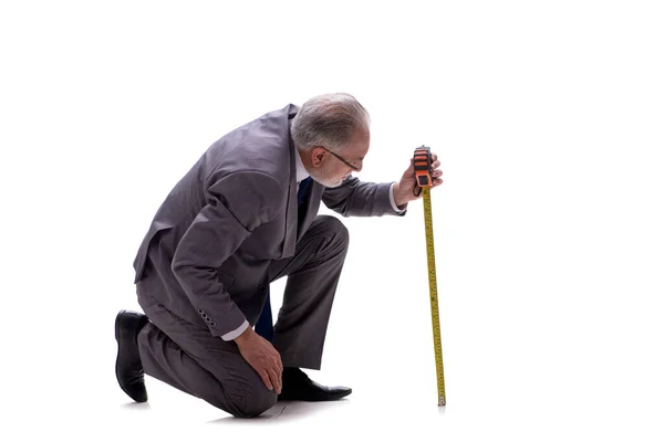 Old Male Boss Businessman Holding Tape Measure Isolated White — Stock Photo, Image