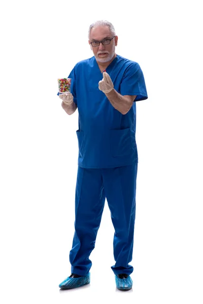 Old Doctor Suggesting Pills Isolated White — Stock Photo, Image