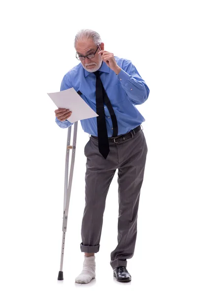 Old Male Boss Crutches Isolated White — Stock Photo, Image