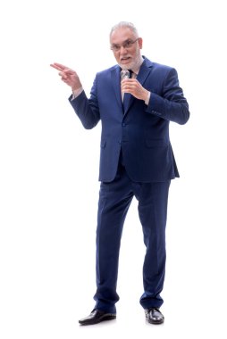 Mutlu fikir kavramındaki iş adamı beyaza izole edilmiş.