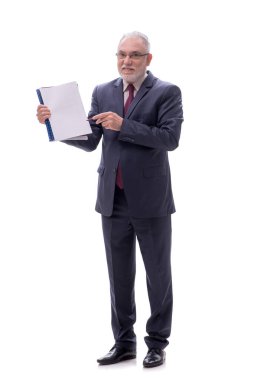 Yaşlı bir erkek işçi beyazda izole edilmiş.