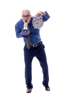 Zaman yönetimi kavramındaki eski patron beyaza izole edilmiş