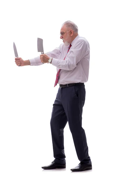 Alter Chef Hält Messer Isoliert Auf Weiß — Stockfoto