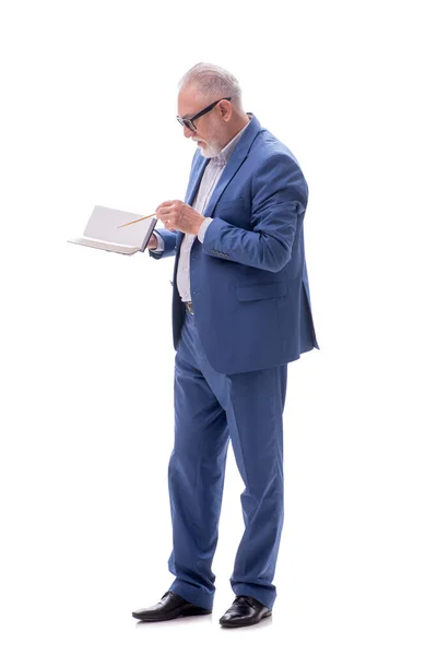 Velho Chefe Segurando Livro Isolado Branco — Fotografia de Stock