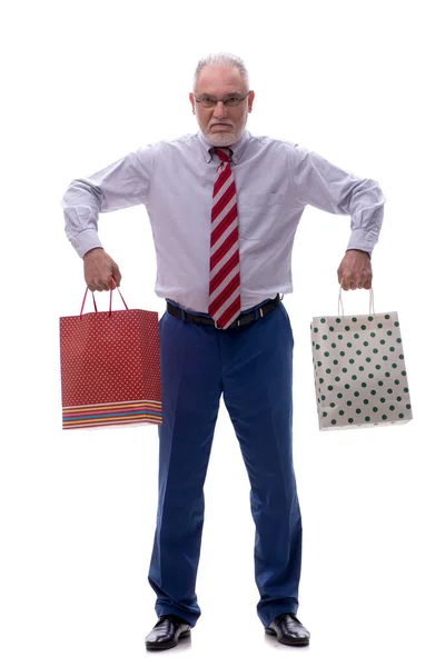 Old Male Boss Holding Bags Isolated White — Stock Photo, Image