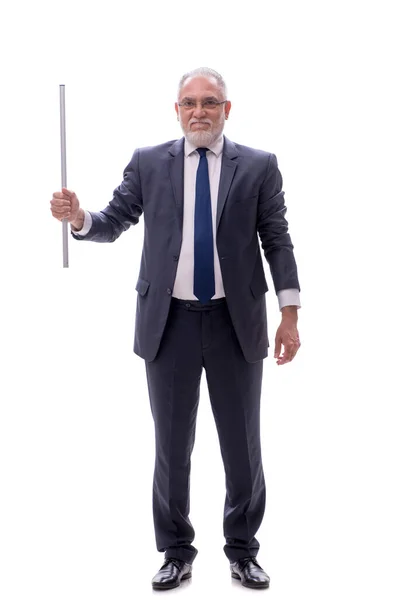 Homem Negócios Envelhecido Segurando Pau Metal Isolado Branco — Fotografia de Stock