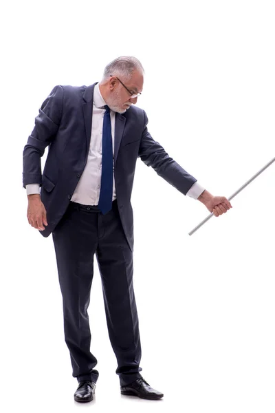 Aged Businessman Holding Metal Stick Isolated White — Stock Photo, Image