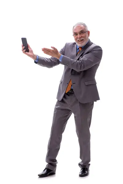 Stary Szef Rozmawia Przez Telefon Odizolowany Białym — Zdjęcie stockowe