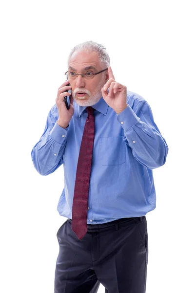 Uomo Affari Anziano Che Parla Telefono Isolato Bianco — Foto Stock