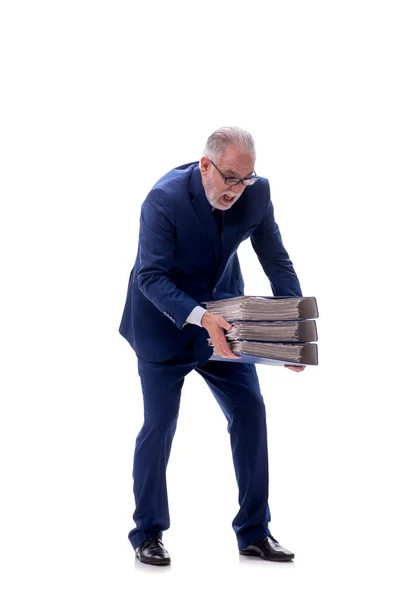 Old Male Employee Holding Papers Isolated White — Stock Photo, Image
