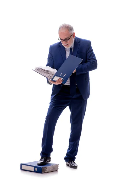 Old Male Employee Holding Papers Isolated White — Stock Photo, Image