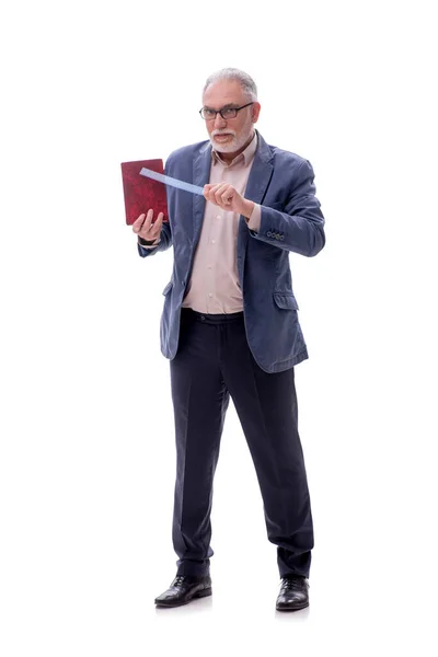 Yaşlı Erkek Öğretmen Beyaz Üzerine Kitap Tutuyor — Stok fotoğraf