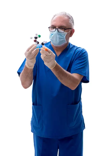 Old Doctor Holding Molecular Model Isolated White — Stock Photo, Image